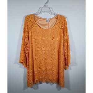 Brittany Black Yellow Lace Layered Lined 3/4 Sleeve Round Neck Top Plus Size 3X